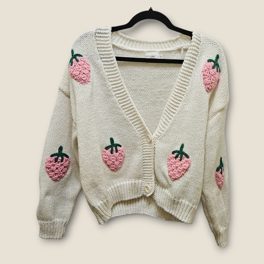 Luna Ivy Womens Cardigan Sweater Small Cream Pink Strawberry Knit Cute‎